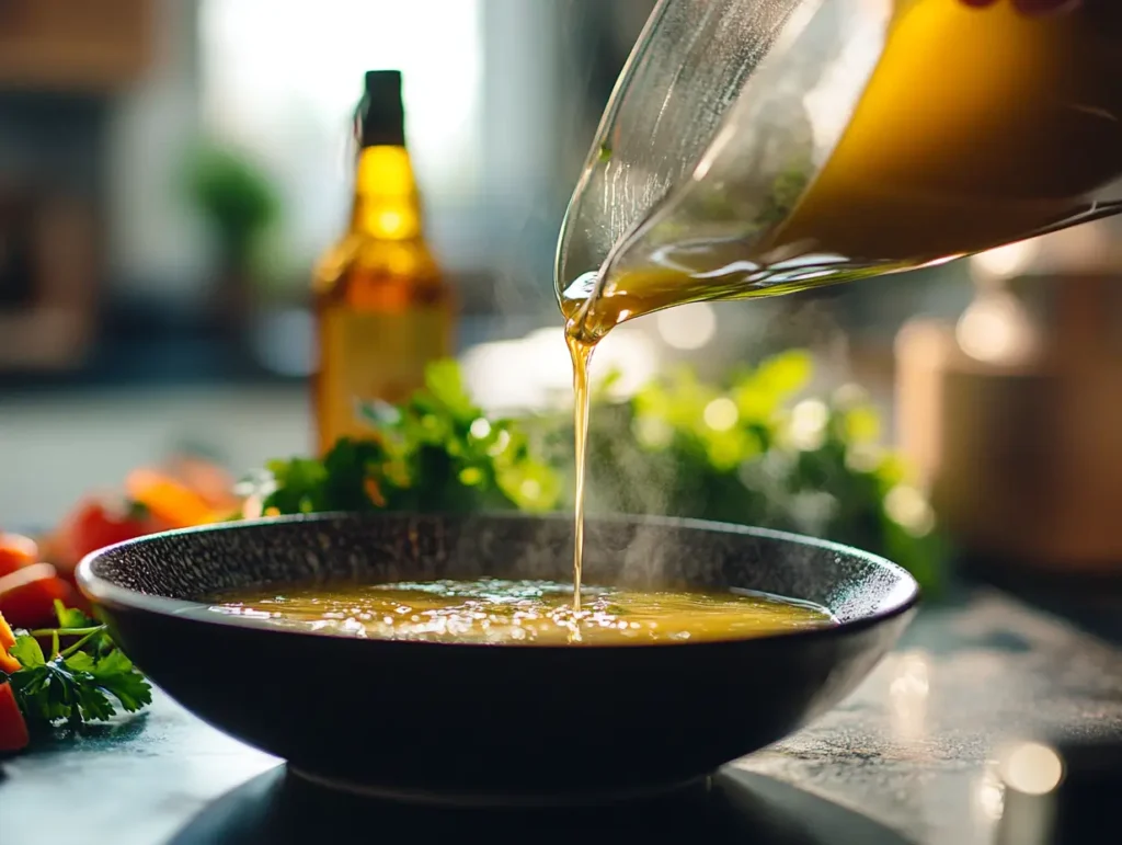 Why do chefs put vinegar in soup? Ladle of chicken broth with apple cider vinegar being poured into a ceramic bowl, surrounded by parsley and fresh ingredients.