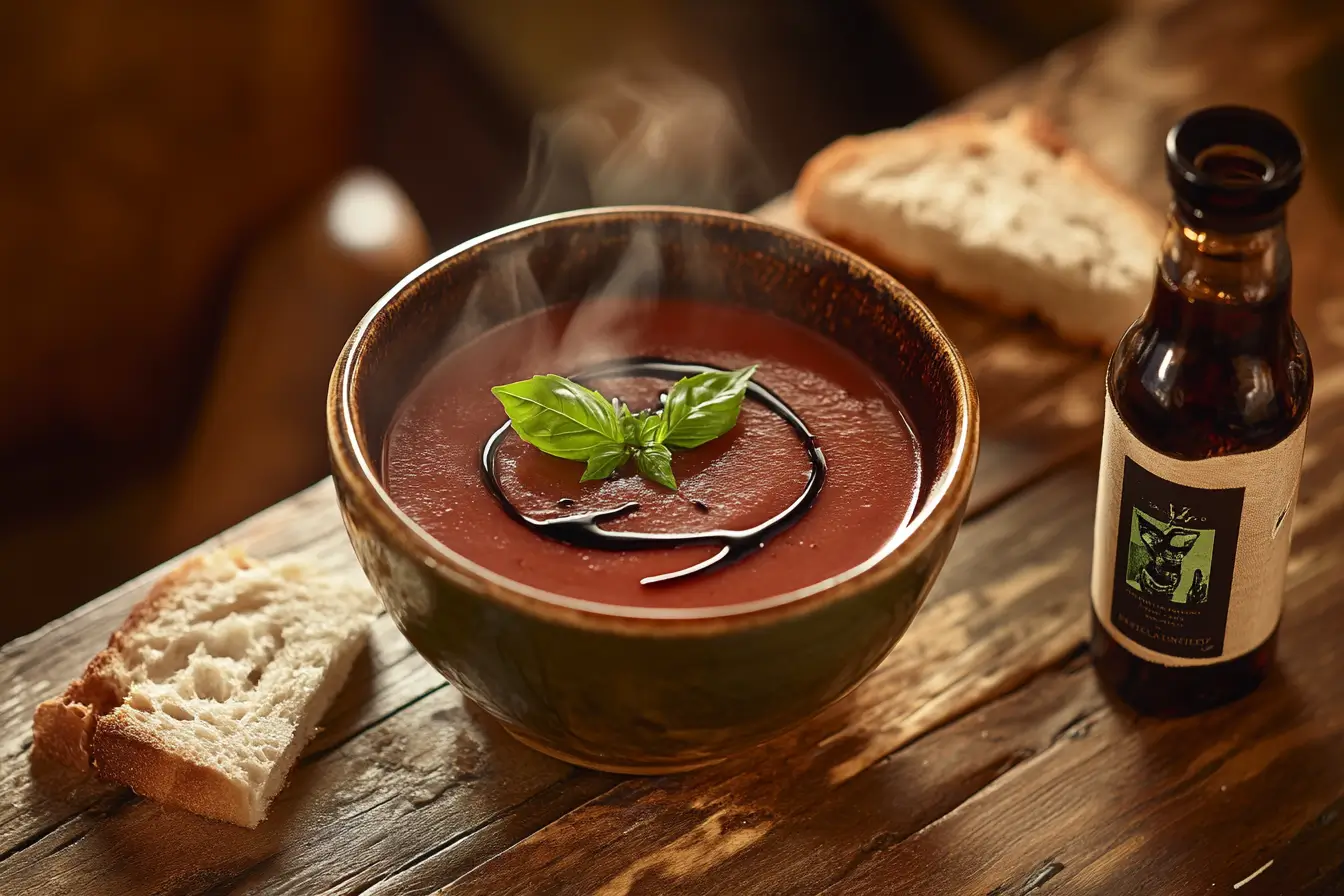 Warm bowl of tomato soup swirled with balsamic vinegar, garnished with basil, served on a rustic wooden table.