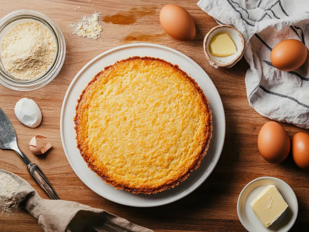 Southern cornbread served on a white plate, surrounded by key ingredients like cornmeal, buttermilk, and eggs.