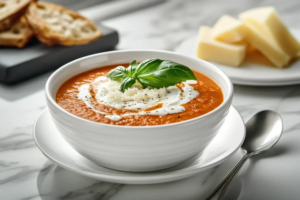 Creamy tomato soup with a swirl of cream and basil, demonstrating how to jazz up bland soup with dairy.