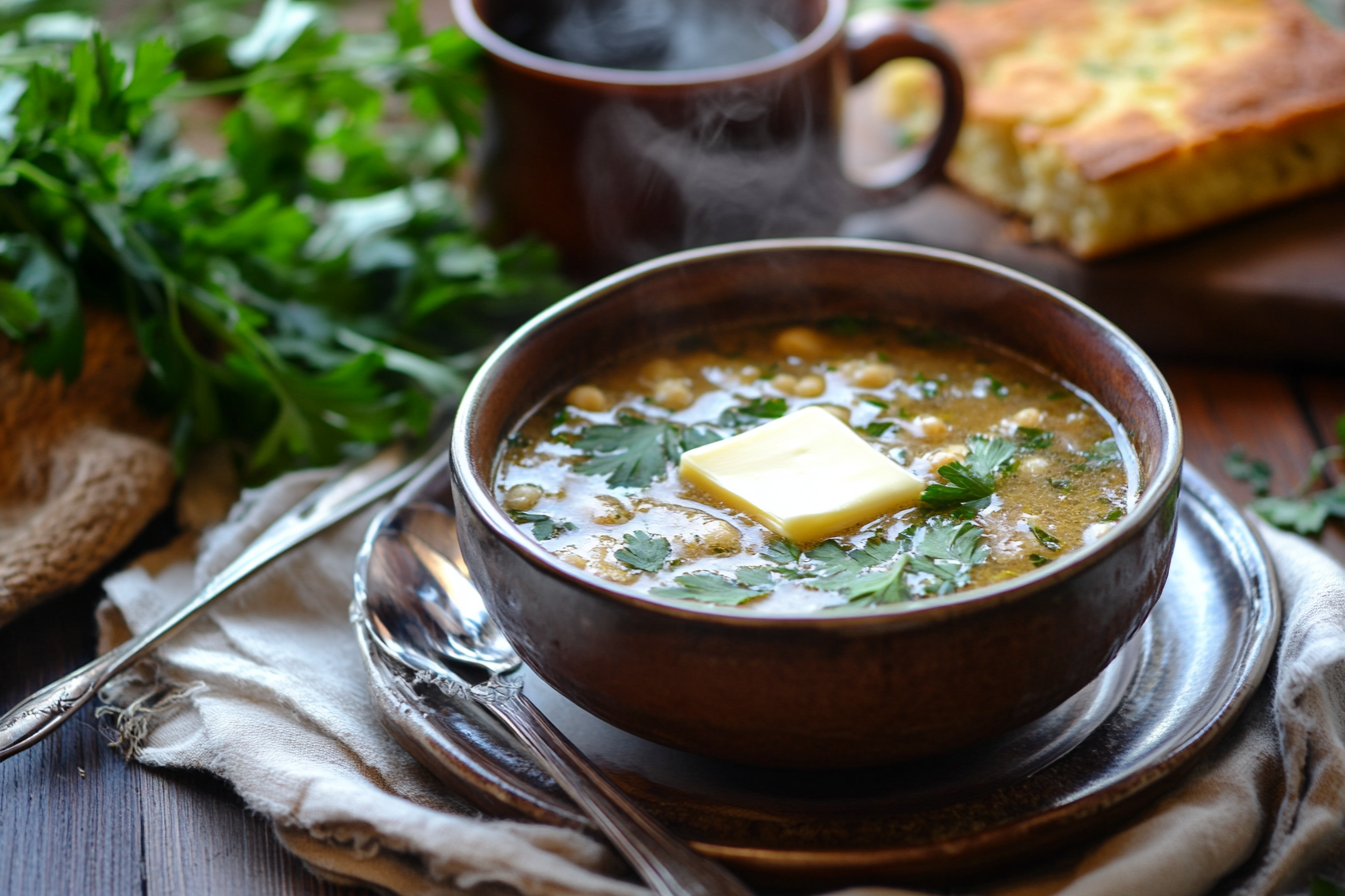 Hearty bowl of swamp soup with sausage, beans, and turnip greens served with cornbread.