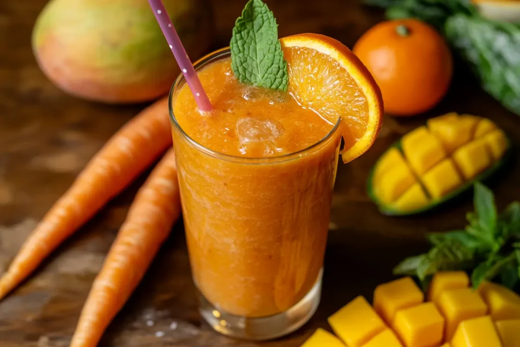 A vibrant carrot smoothie in a glass