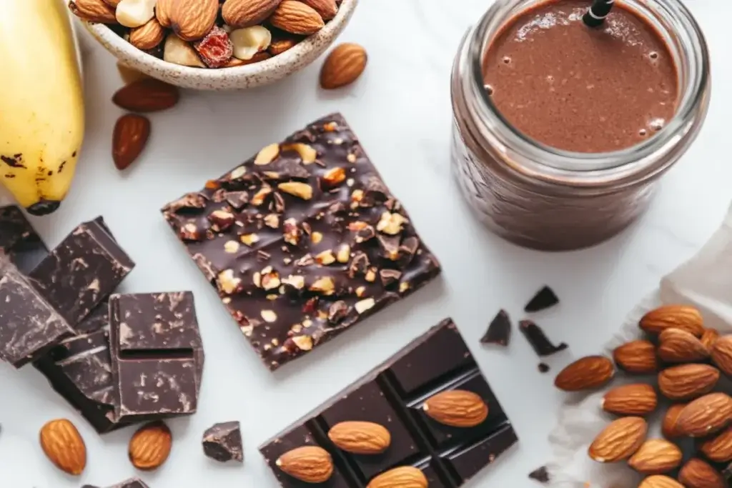 Dark chocolate bark with nuts, chocolate-covered almonds, and a chocolate smoothie for healthy snacking.