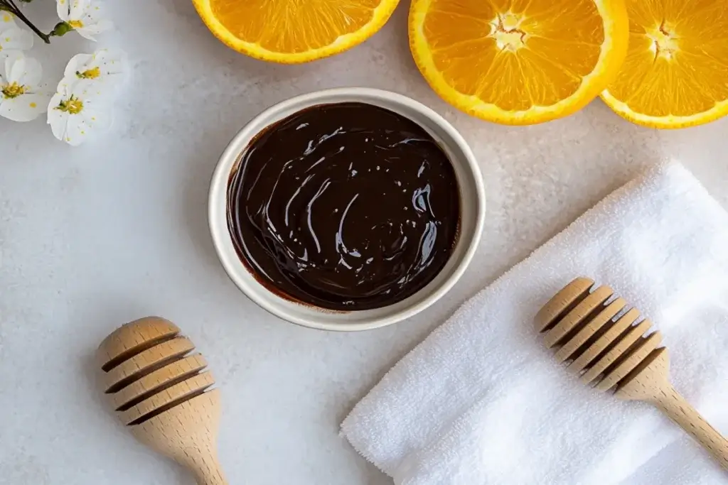 Melted dark chocolate in a bowl with orange slices, honey, and spa elements for skin benefits.