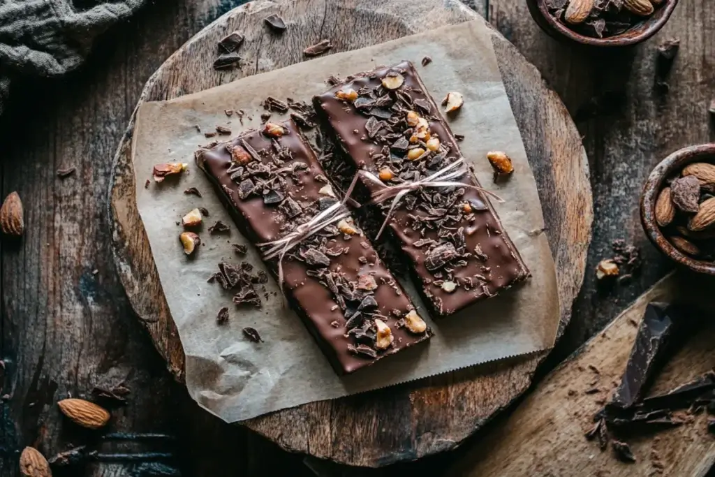 Finished glossy milk chocolate bars on a wooden board, surrounded by nuts, dried fruit, and chocolate shavings.