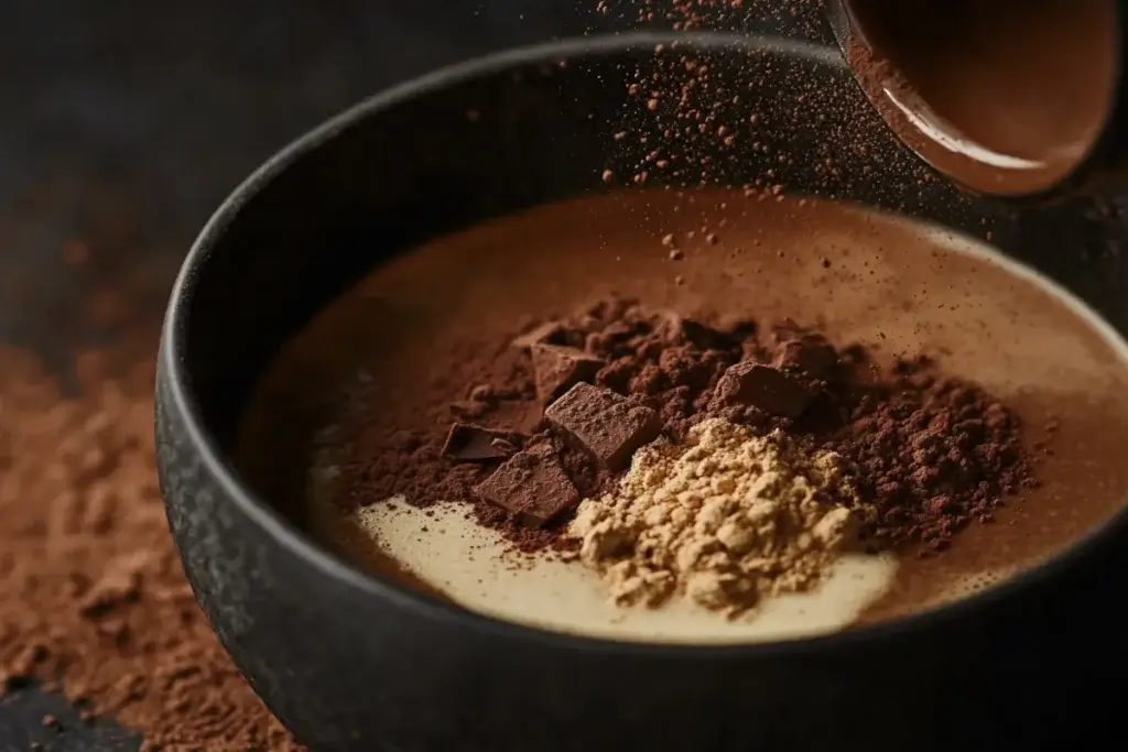 Whisking cocoa butter, cocoa powder, and milk powder to form creamy milk chocolate in a mixing bowl.