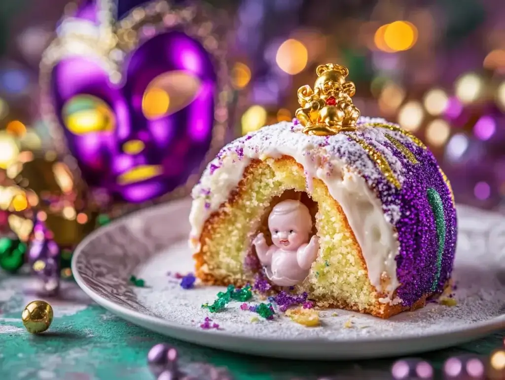 Slice of King Cake showing a hidden plastic baby figurine inside, surrounded by festive Mardi Gras items.