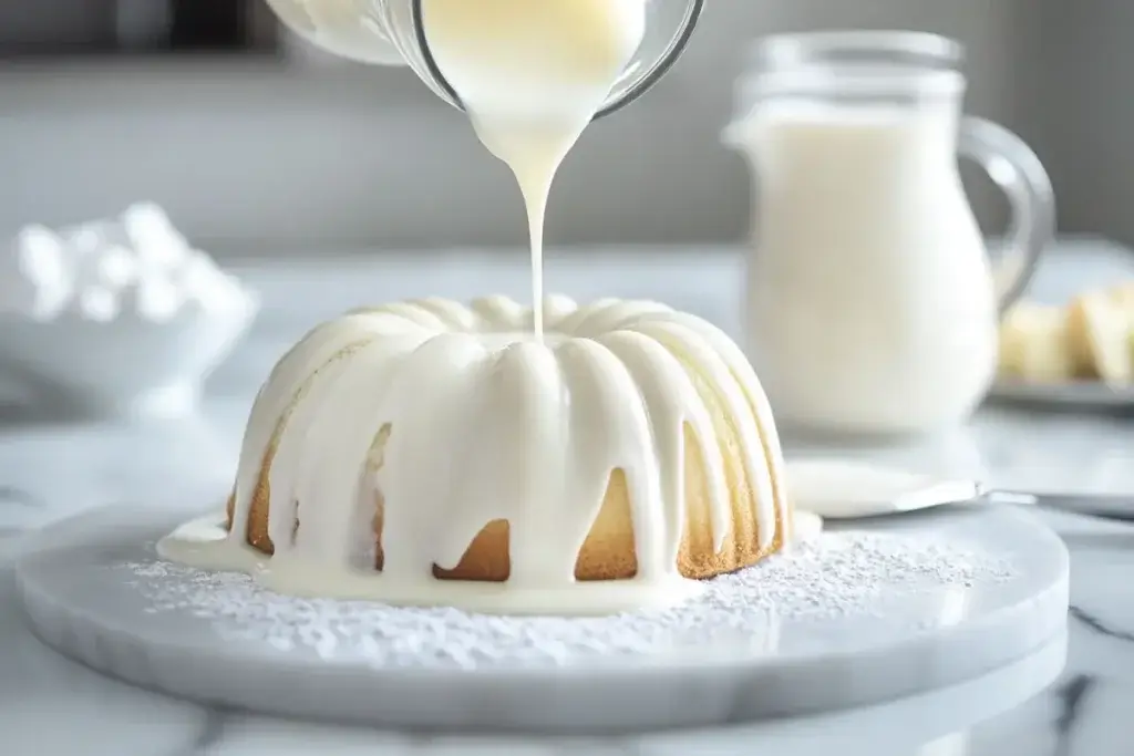 Vanilla glaze being poured over a Bundt cake, with a pitcher of glaze and powdered sugar scattered nearby.