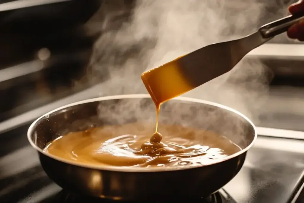 Cocoa butter melting over a double boiler with a spatula stirring the golden liquid, steam rising softly in the background.