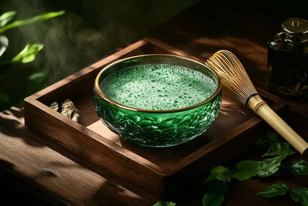 Can you put matcha in hot water? matcha latte in a Japanese bowl with a bamboo whisk beside it, surrounded by fresh tea leaves.