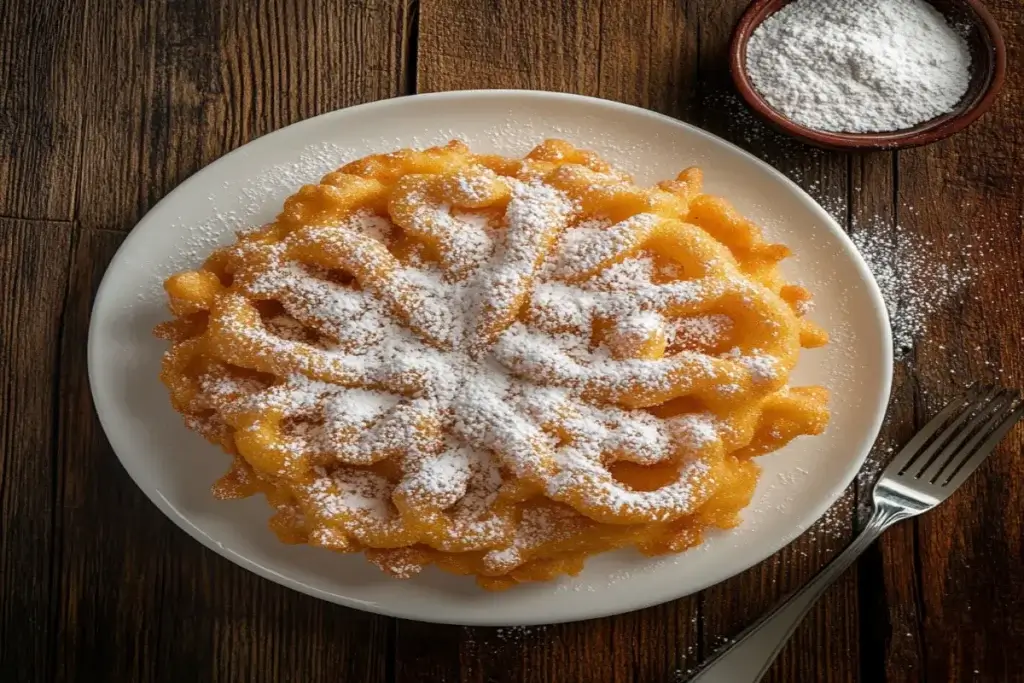 Close-up view of a homemade funnel cake sprinkled with powdered sugar on a white plate, served on a rustic kitchen counter.