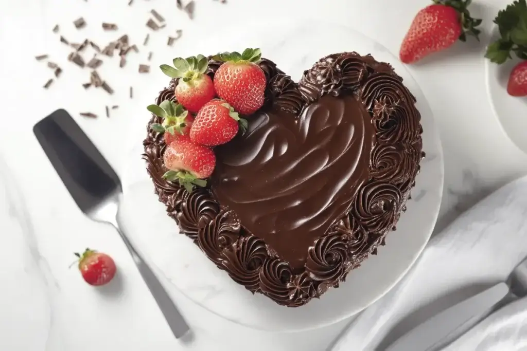 A heart-shaped chocolate cake decorated with frosting rosettes, strawberries, and chocolate shavings, placed on a white plate