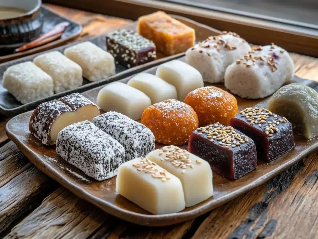A platter featuring honey-drizzled rice cakes, spicy tteokbokki, and chocolate-filled mochi with dipping sauces.