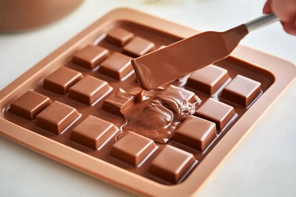 Melted milk chocolate being poured into silicone molds with a spatula spreading it evenly.