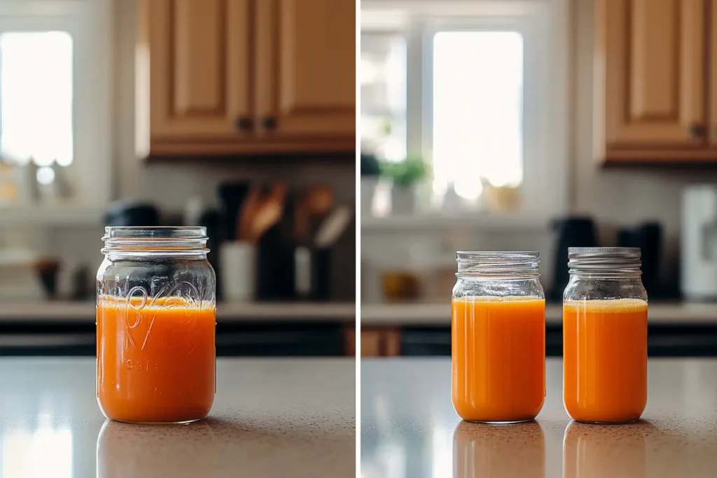 Homemade carrot juice in a mason jar compared to store-bought bottled juice on a kitchen counter.