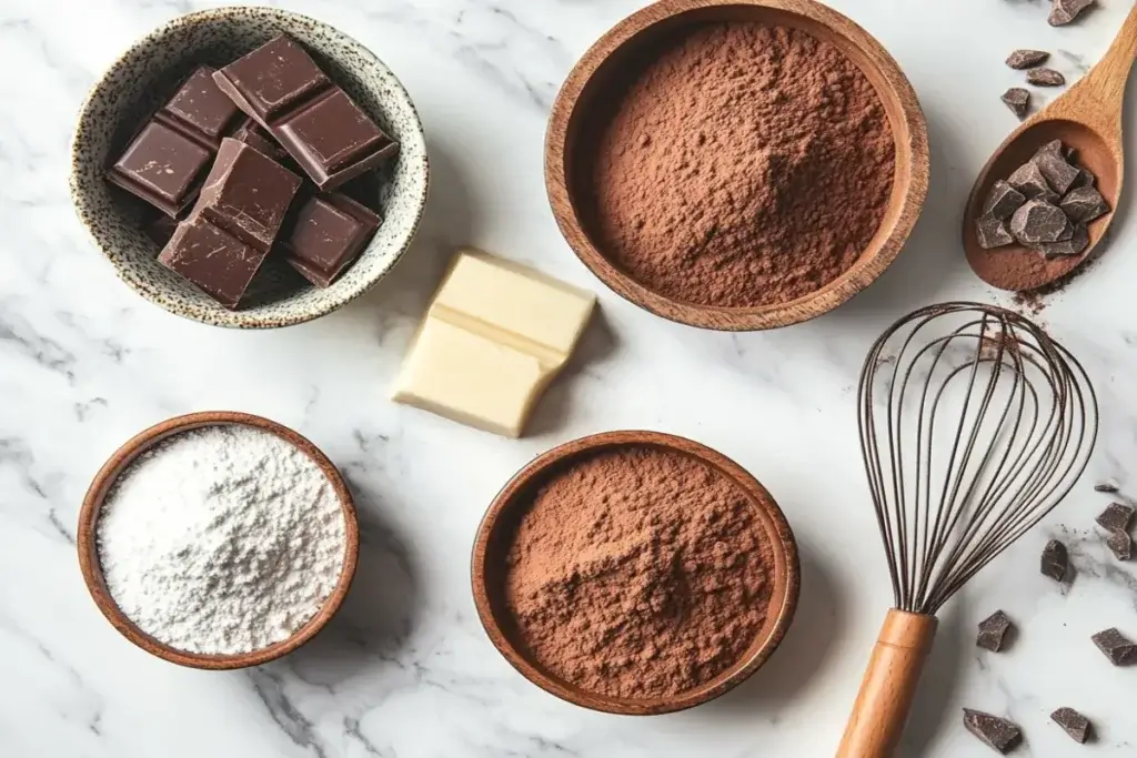 Ingredients for homemade milk chocolate, including cocoa butter, cocoa powder, and milk powder, arranged in small bowls.