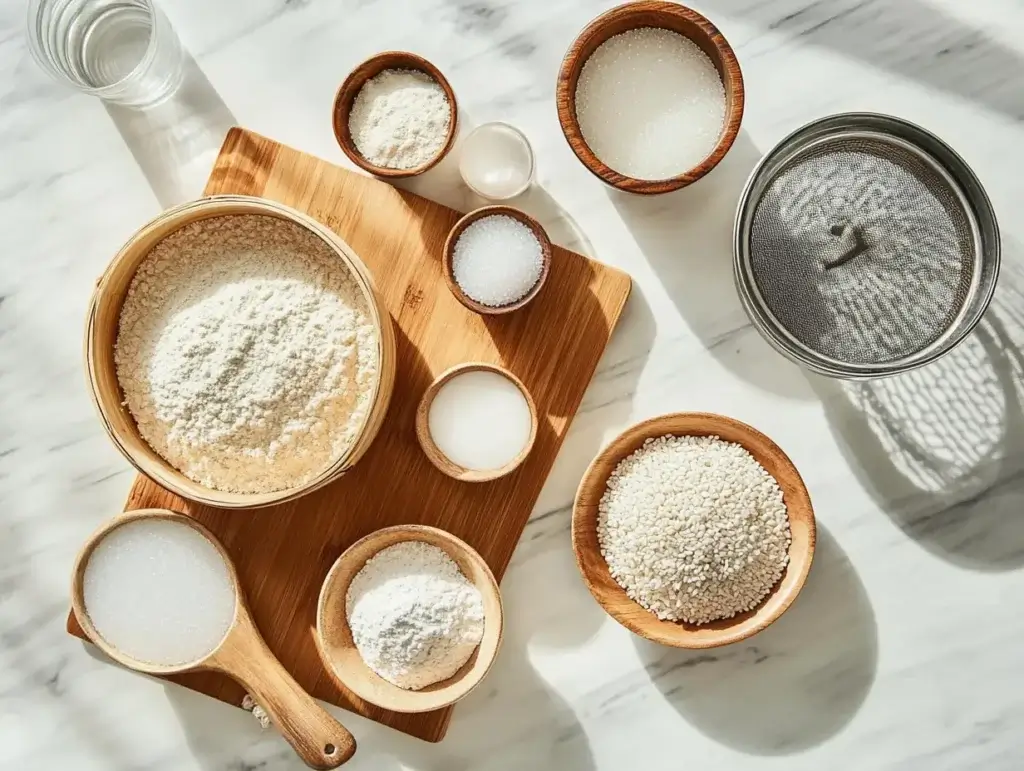 Ingredients for rice cakes including glutinous rice flour, regular rice flour, sugar, sesame seeds, and water arranged neatly.