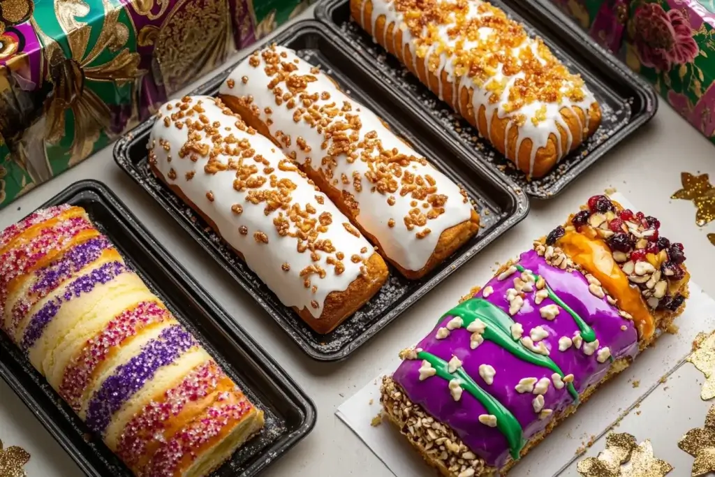 A selection of King Cakes with different fillings on serving trays, perfect for online ordering and shipping.