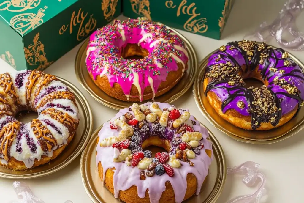 King Cakes with different fillings on serving trays, perfect for online ordering and shipping.