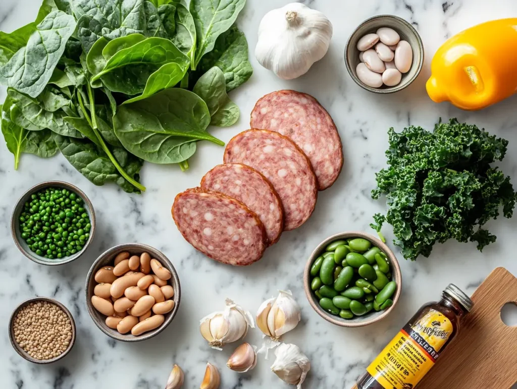 An organized flat lay of swamp soup ingredients including spinach, kale, sausage, beans, garlic, and chicken broth on a marble surface.