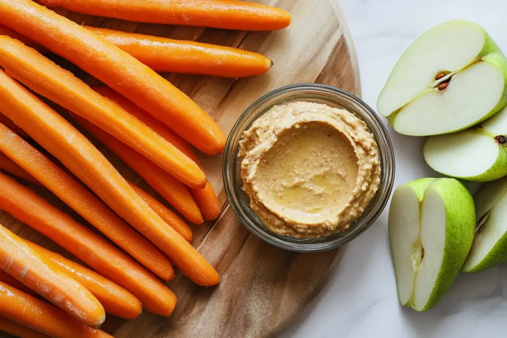 Raw carrot sticks served with hummus, nut butter, and fresh apple and pear slices.