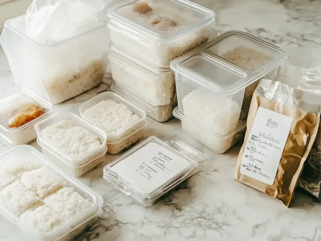 Cooked rice cakes stored in airtight containers and freezer bags with labeled reheating instructions.