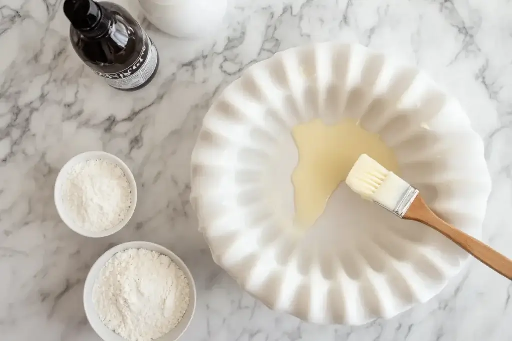 A Bundt pan being greased with butter using a pastry brush, with flour and cake release spray nearby on a marble countertop.