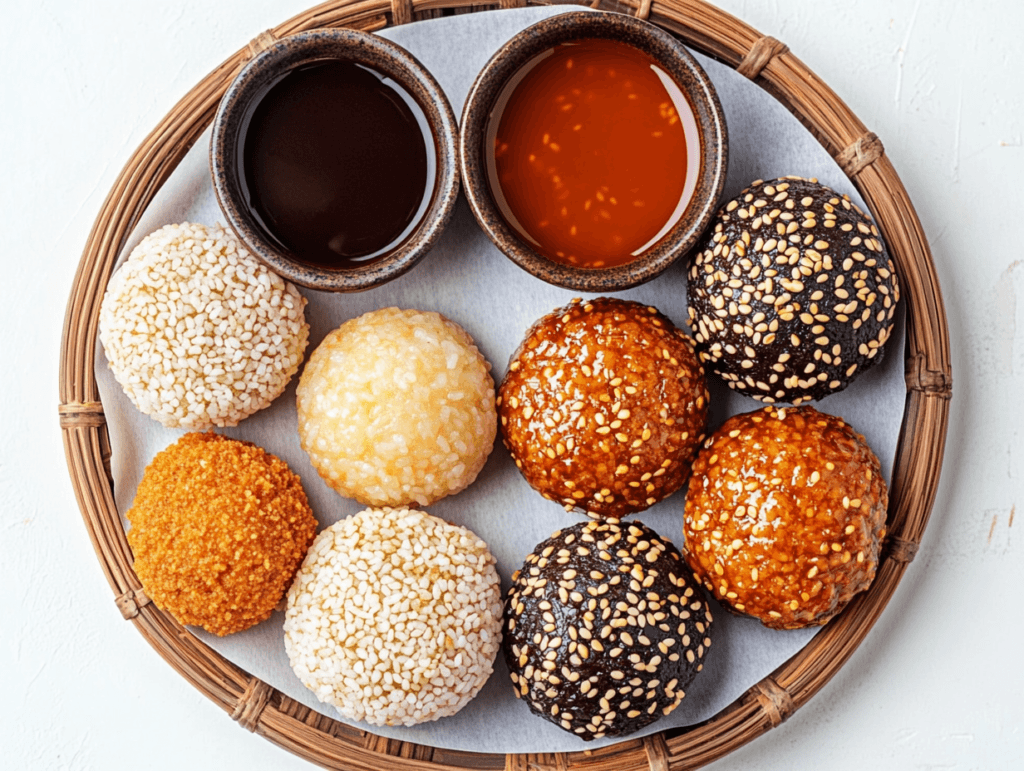 An assortment of Korean tteok, Chinese niangao, and Japanese mochi styled with traditional garnishes.