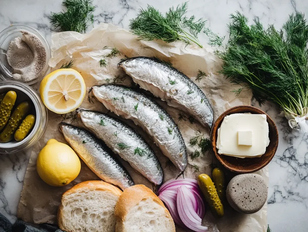 Flat-lay of fresh ingredients for Matjesbrötchen recipe, including herring, bread rolls, onions, pickles, dill, and lemon. 1
