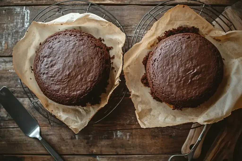 Two freshly baked chocolate cake recipe layers cooling on wire racks with parchment paper partially removed.