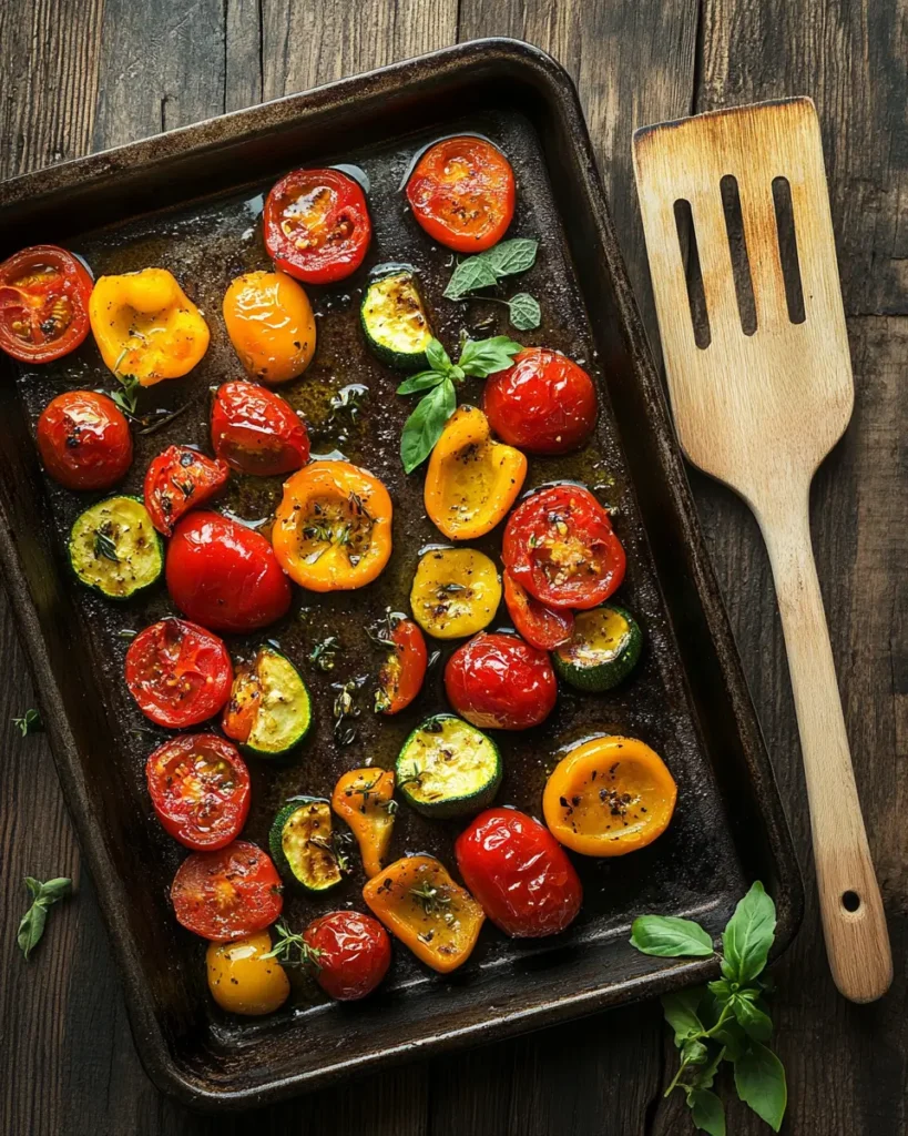 Roasted tomatoes, bell peppers, and zucchini on a baking sheet, caramelized and sprinkled with herbs.
