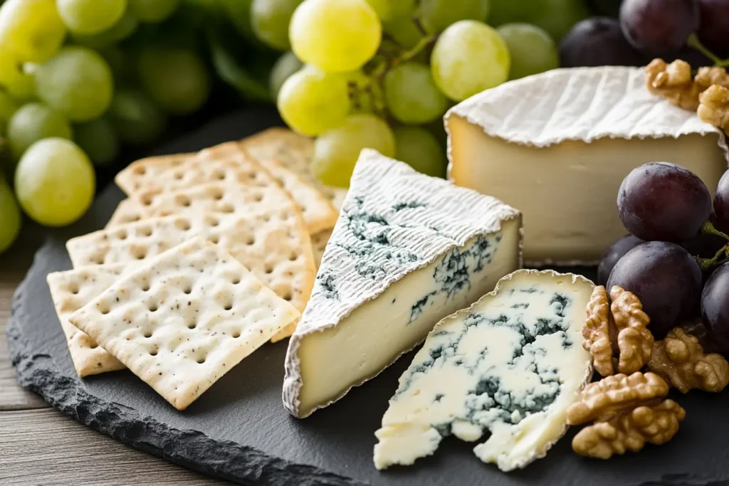 A cheese board with Gorgonzola, Stilton, Roquefort, and Danish Blue, paired with grapes, nuts, and crackers.