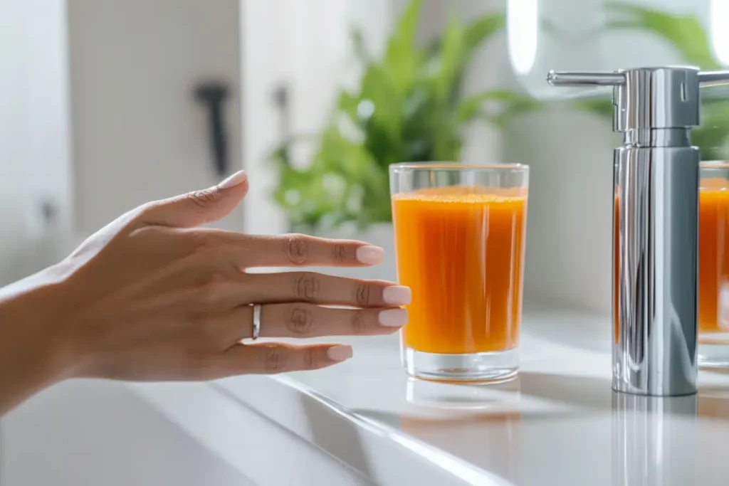 Person noticing orange-tinted skin on their hands due to too much carrot juice consumption.