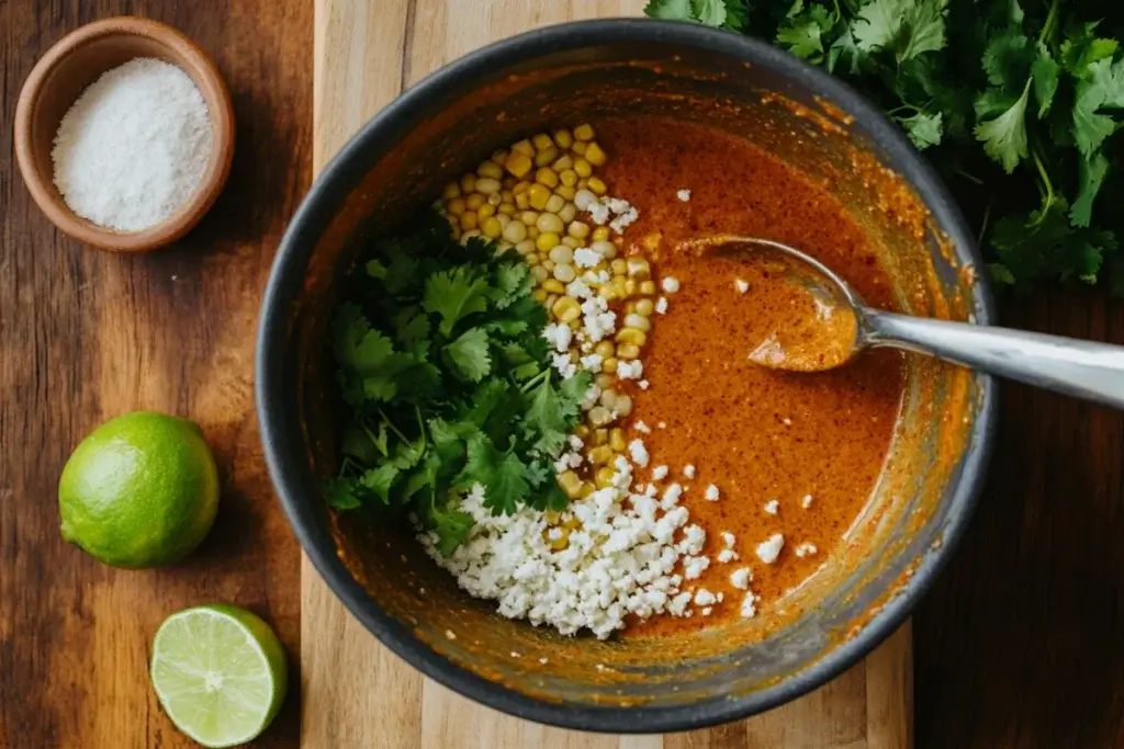 Mixing bowl with grilled corn, creamy sauce, cotija cheese, and spices, ready to be combined for the Street Corn topping.