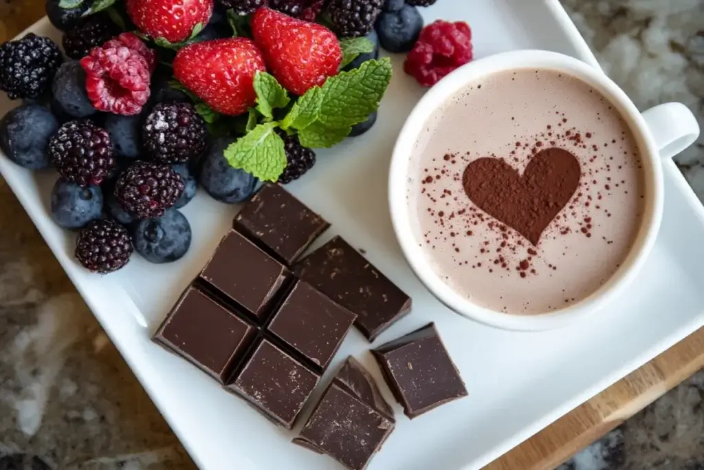 Dark chocolate squares with a heart-shaped hot cocoa cup and fresh berries for heart health.