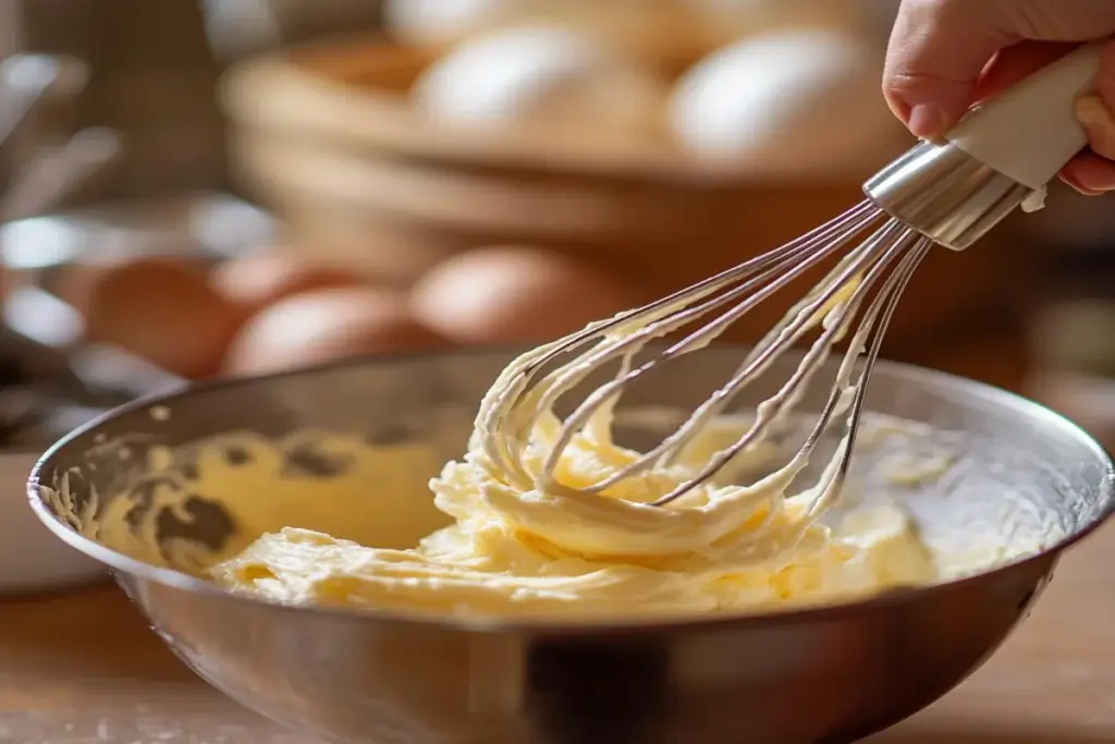 Whisking eggs and sugar for a Madeline cookies recipe using cream, creating a pale and fluffy mixture.