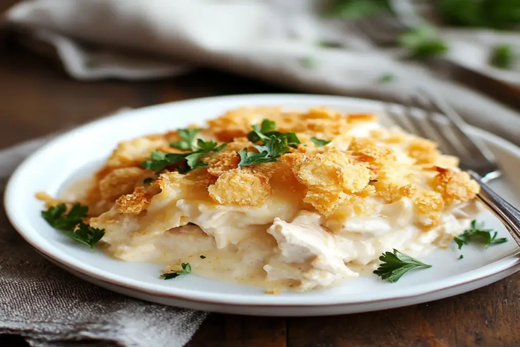 A plated serving of Million Dollar Chicken Casserole with a golden crust and creamy, cheesy interior.