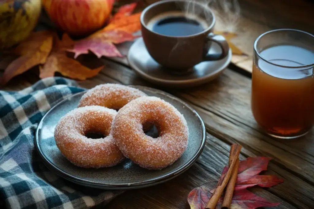 homemade apple cider donuts coated in cinnamon sugar