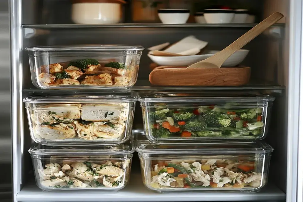 eftover Million Dollar Chicken Casserole stored in airtight containers inside a fridge.