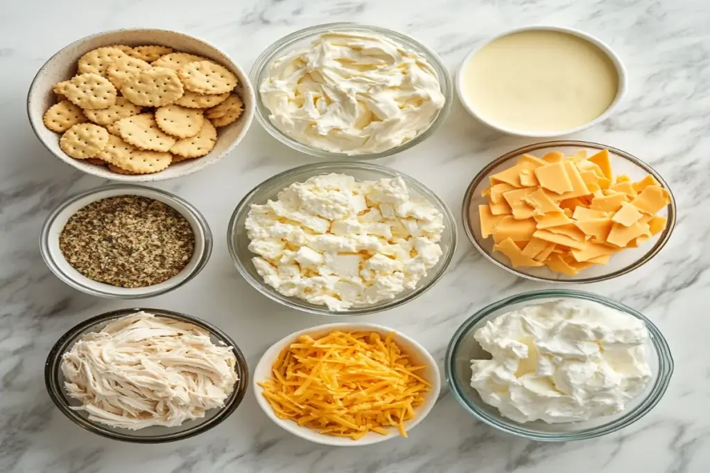 Ingredients for Million Dollar Chicken Casserole, including shredded chicken, cheese, sour cream, and Ritz crackers.