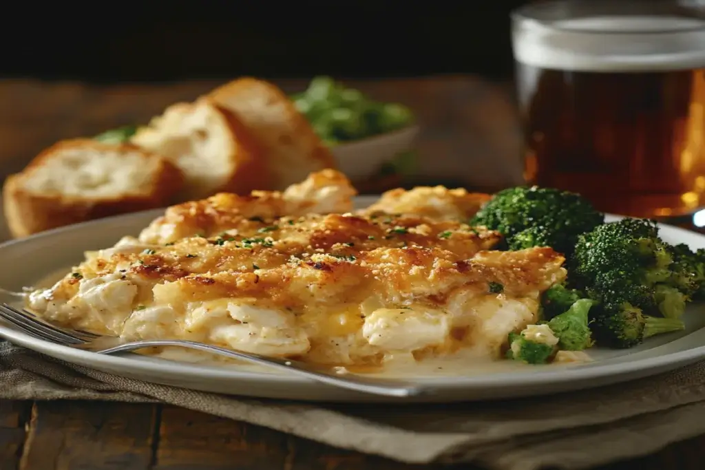 A plated meal with Million Dollar Chicken Casserole, roasted broccoli, and garlic bread.