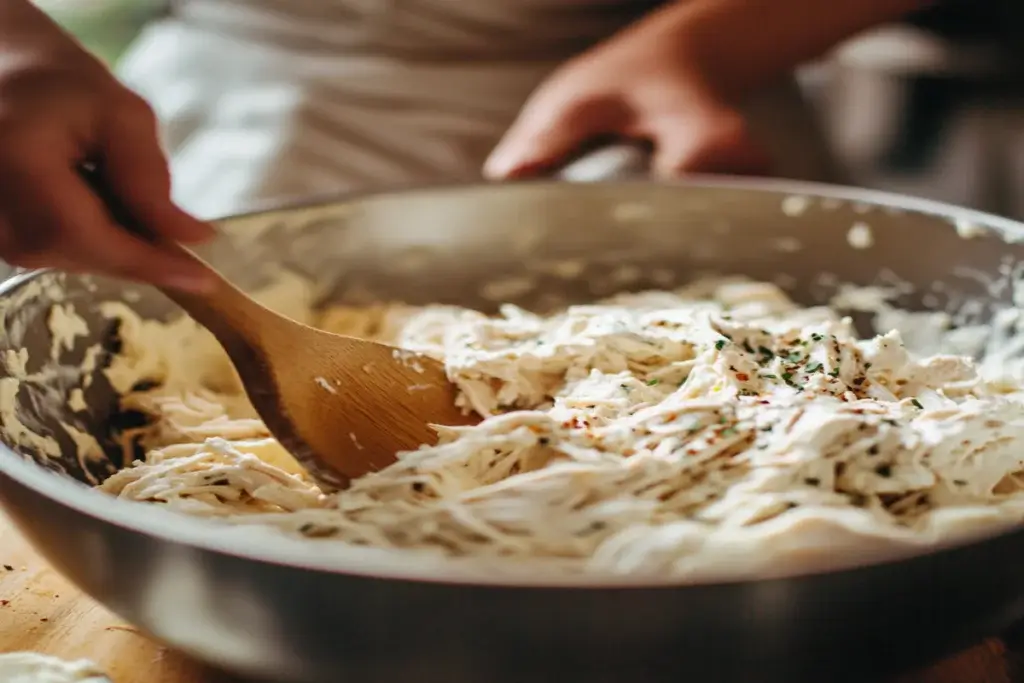 Mixing shredded chicken, cream cheese, sour cream, and seasonings for Million Dollar Chicken Casserole.
