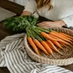 Fresh whole carrots with green tops in a rustic basket on a wooden counter, perfect for long-term storage.