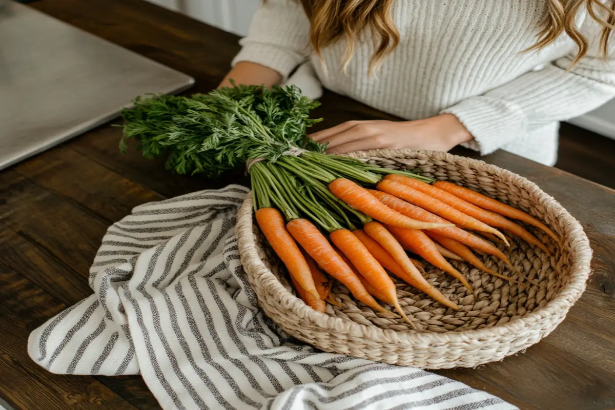 Fresh whole carrots with green tops in a rustic basket on a wooden counter, perfect for long-term storage.