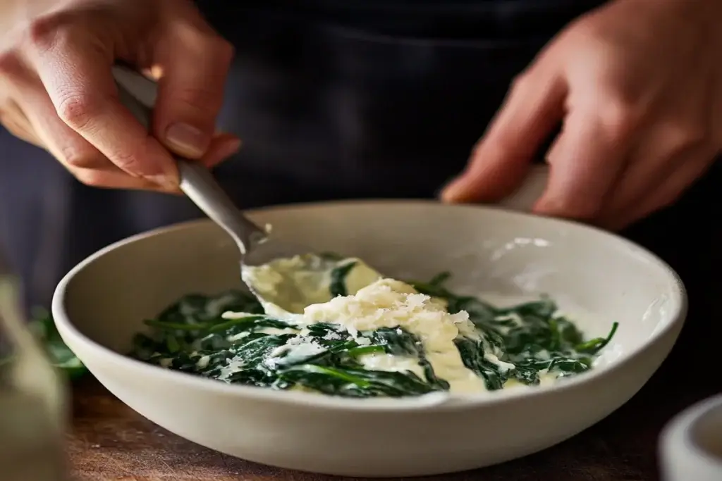 A person mixing cream cheese and Parmesan into wilted spinach, creating a rich and creamy texture in a white ceramic bowl.