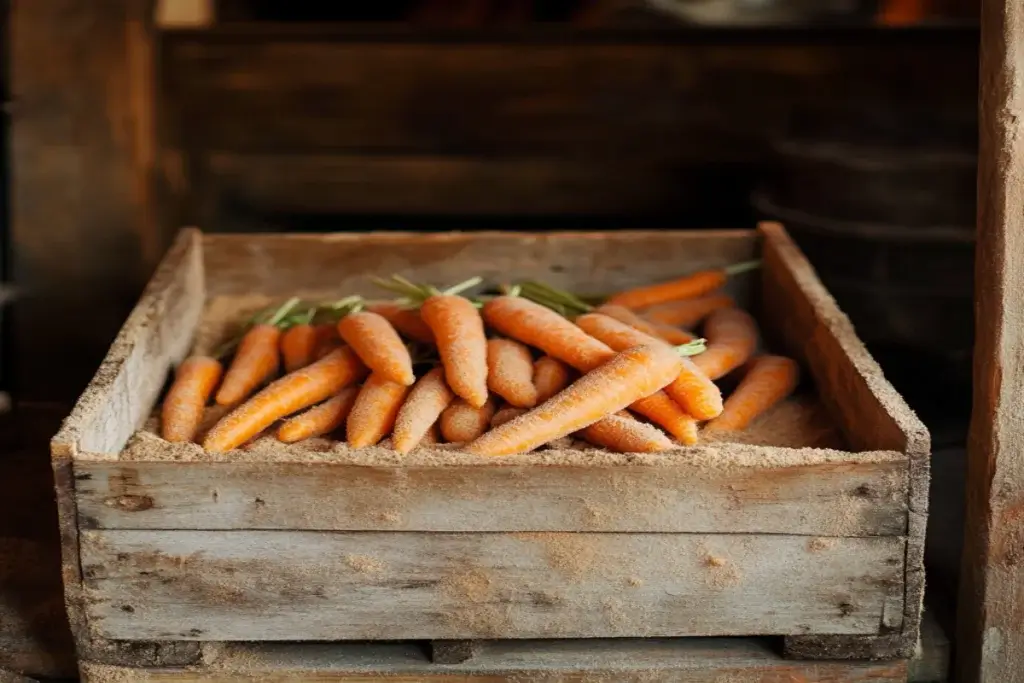 Carrots stored in a wooden crate filled with sand, a traditional method to keep them fresh for months.