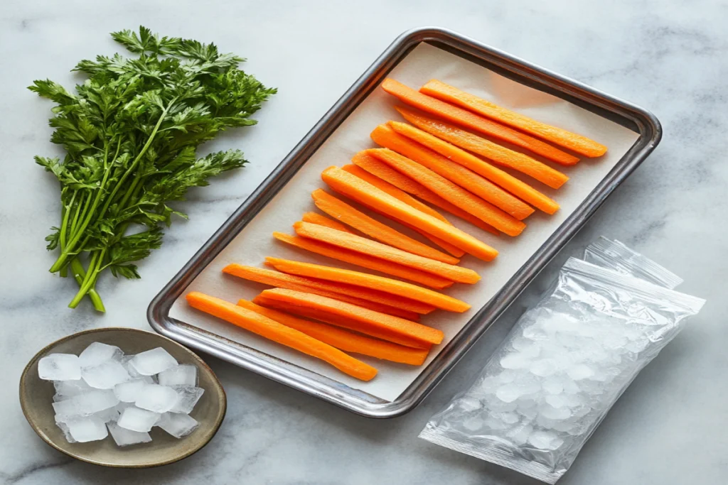 Blanched carrot slices on a baking tray, ready for freezing, with a freezer-safe bag labeled for long-term storage.