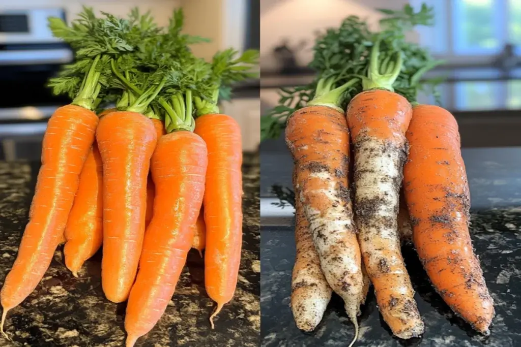 A comparison of fresh, firm carrots vs. slimy, moldy carrots, highlighting signs of spoilage.