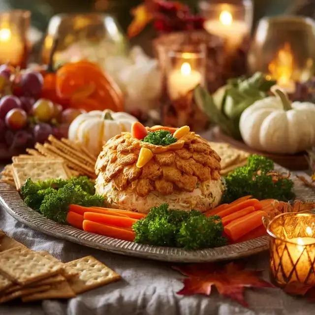 Decorating a turkey cheese ball with pretzels, candy eyes, and bell peppers — festive Thanksgiving appetizer idea.