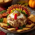 Turkey Cheese Ball appetizer decorated like a turkey with pretzel feathers, cheddar, and crackers — festive Thanksgiving centerpiece.